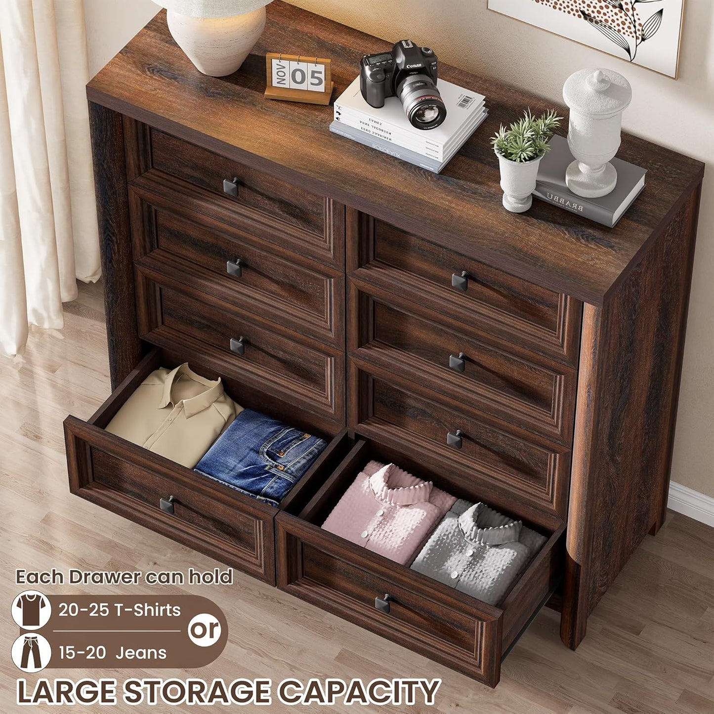 Farmhouse 8 Drawer Dresser for Bedroom, 41" Tall Wood Chest of Drawers, 43.3" Wide Dresser TV Stand, Storage Closet Drawer Organizer for Bedroom, Walnut