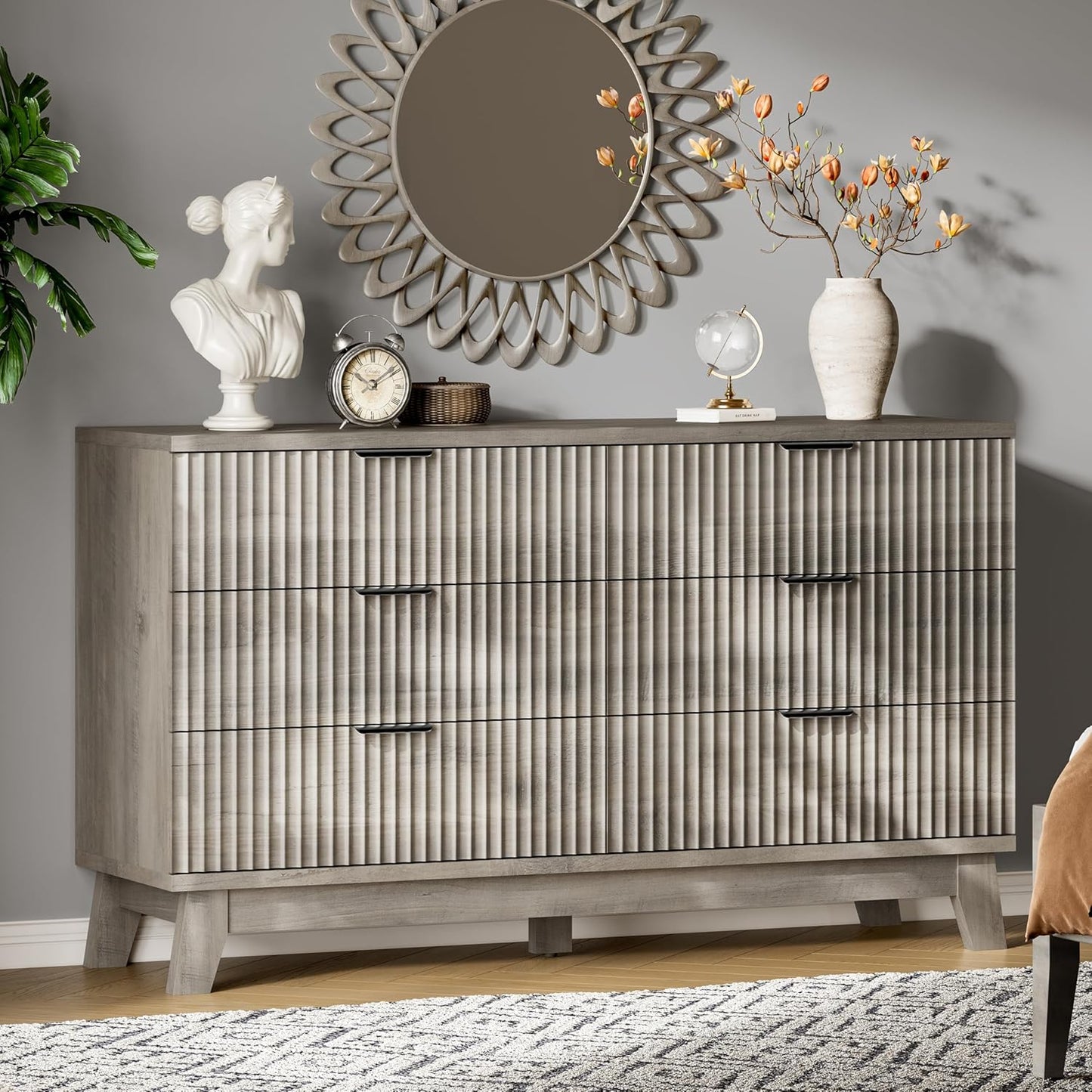 Fluted Dresser with 6 Drawers, 54" Wide Modern Chest of Drawers with Metal Handle, Wooden Dresser TV Stand, Wood Closet Clothes Storage Organizer for Bedroom, Living Room, Hallway, Light Grey