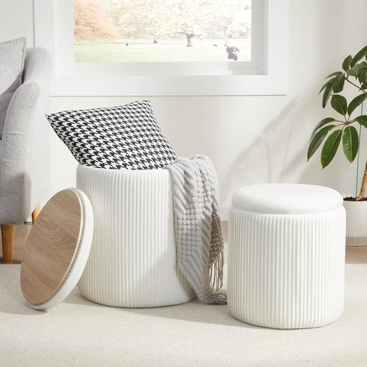 Round Ottoman with Storage Set of 2,Vanity Stool with Storage for Bedroom, Ottoman Coffee Table,Small Velvet Foot Stool for Living Room, White