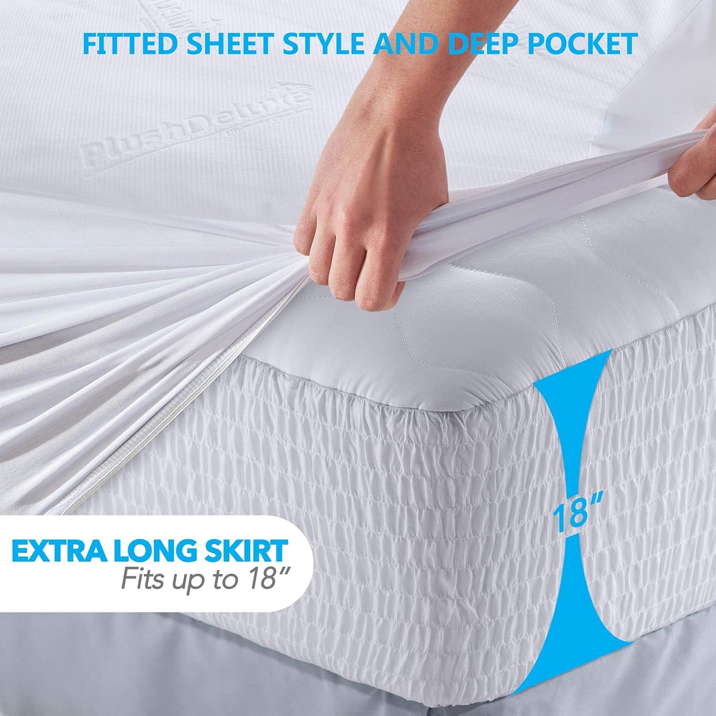 PlushDeluxe Premium Bamboo Mattress Protector – Queen Size, Waterproof, & Ultra Soft Breathable Noiseless Washable Bed Mattress Cover for Comfort & Protection - White