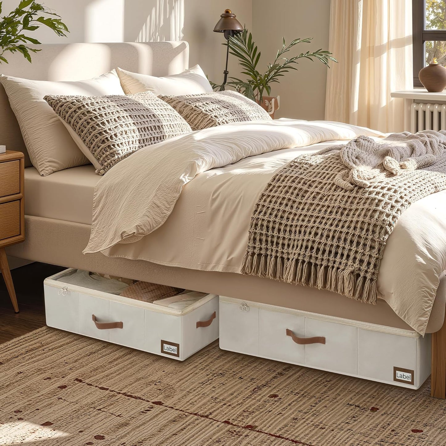 StorageWorks Under Bed Storage with Wheels, 10'' Underbed Storage Containers with Lid, 90L Clothes Organizer for Blankets, Sweaters, Bedding, 2-Pack, Beige