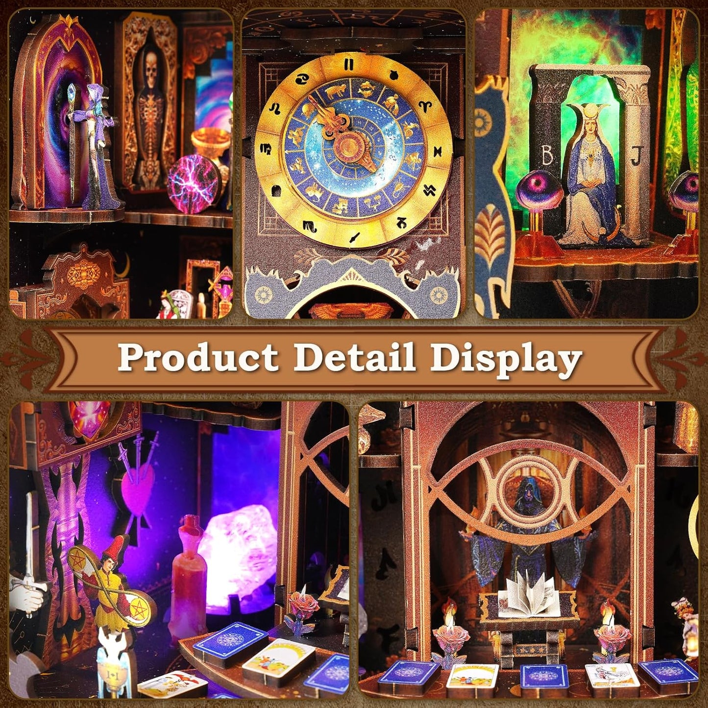 Book Nook Kit - DIY Miniature Dollhouse with LED Lights for Adults & Teens, Fantasy Tarot-Themed 3D Wooden Bookshelf Decor, for Craft Lovers