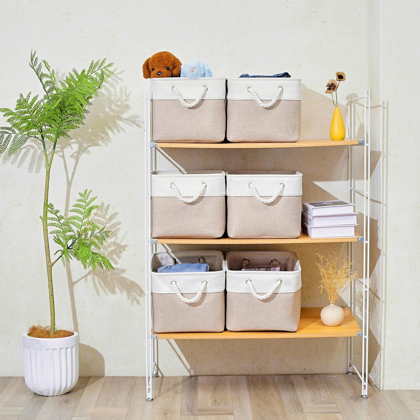 15x11x9.5 Inch Storage Baskets for Shelves,3 Pack Storage Bins，Foldable Organizer Boxes, Decorative Storage Basket for Organizing Clothes, Toys, Books, Foldable Cloth Baskets (White&Beige)