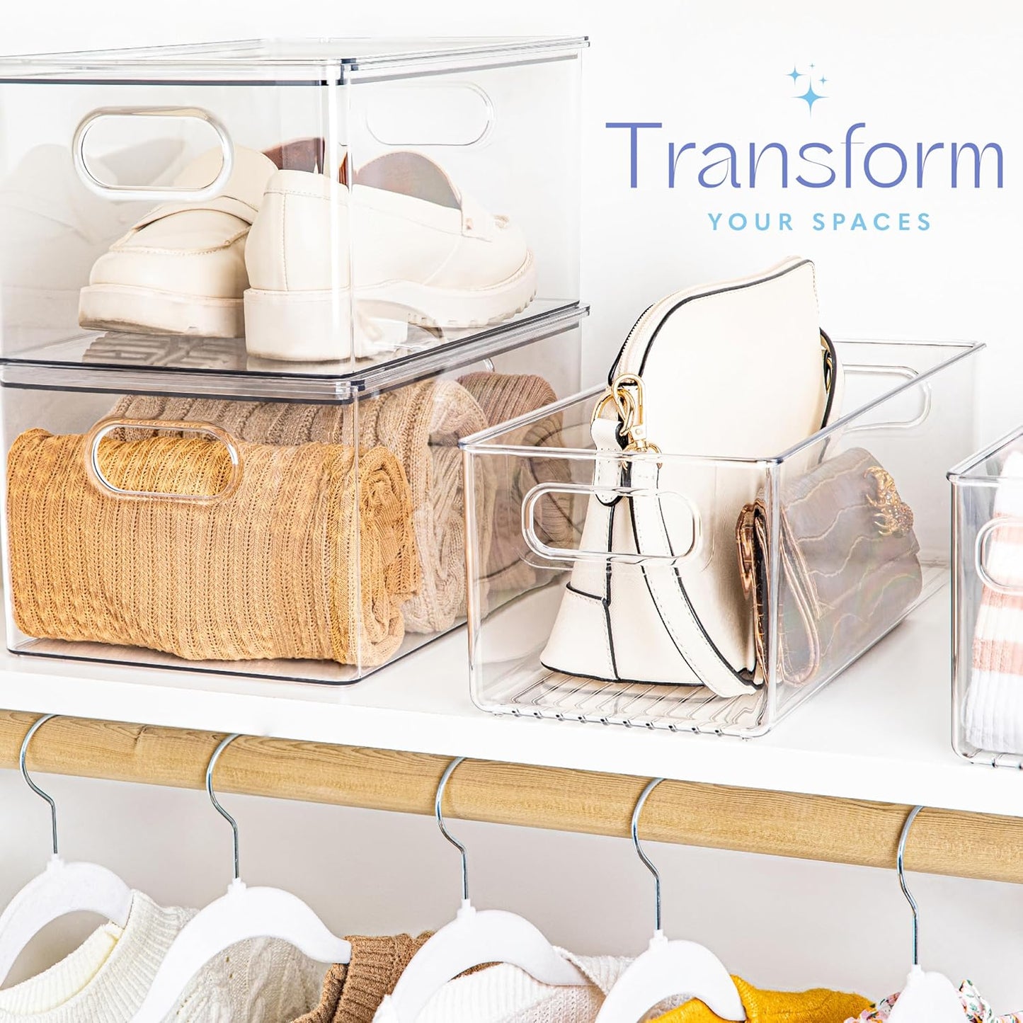 Plastic Food Storage Clear Container Bin with Handles for Organizing Kitchen, Pantry, Fridge, Freezer, Pantry,Bathroom. 16"x6"x5"