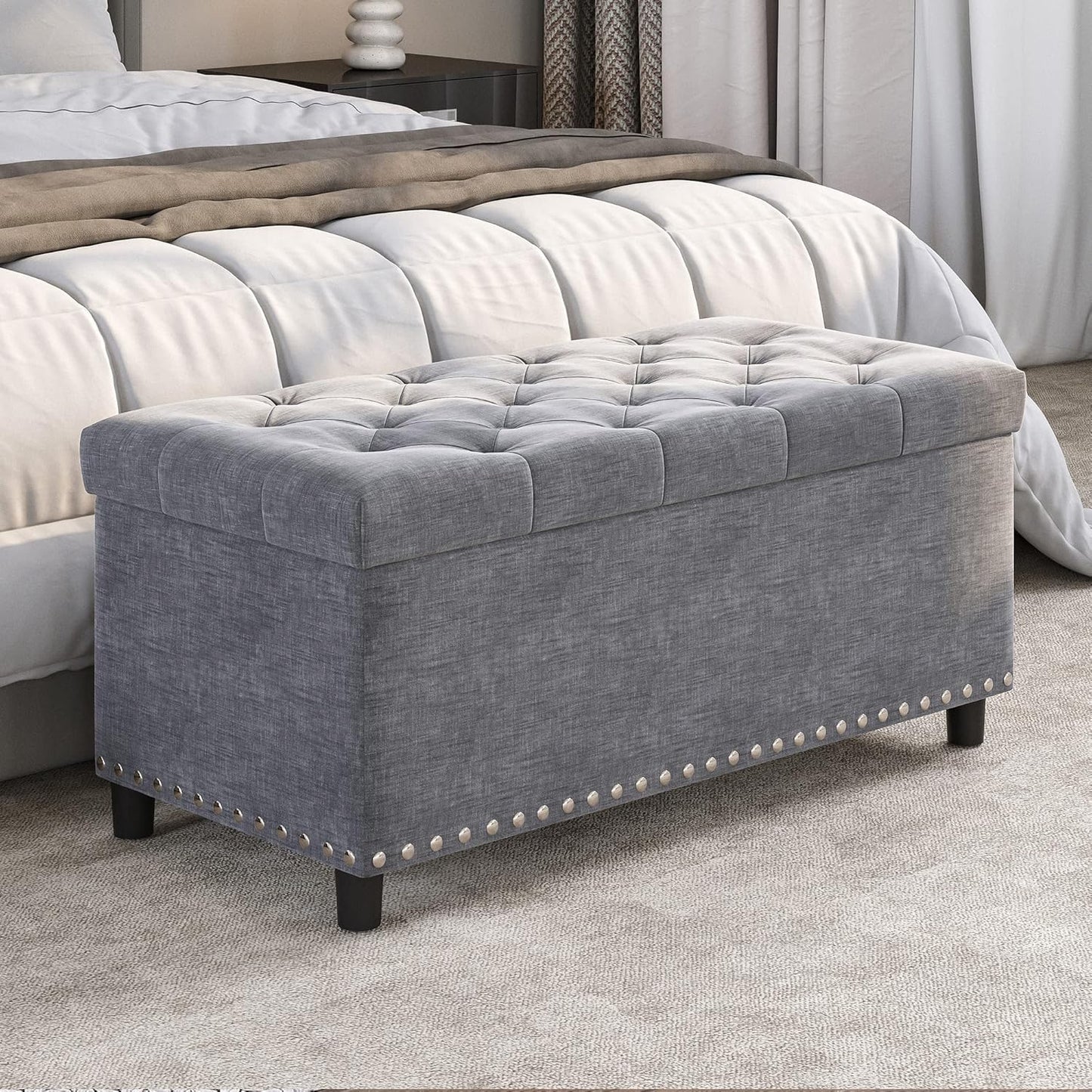 BELLEZE 35" Tufted Ottoman, Storage Bench with Safety Close Hinge, Ottoman with Storage for Living Room, Entryway, Hallway, Foot Rest, Support 300lbs - Grey