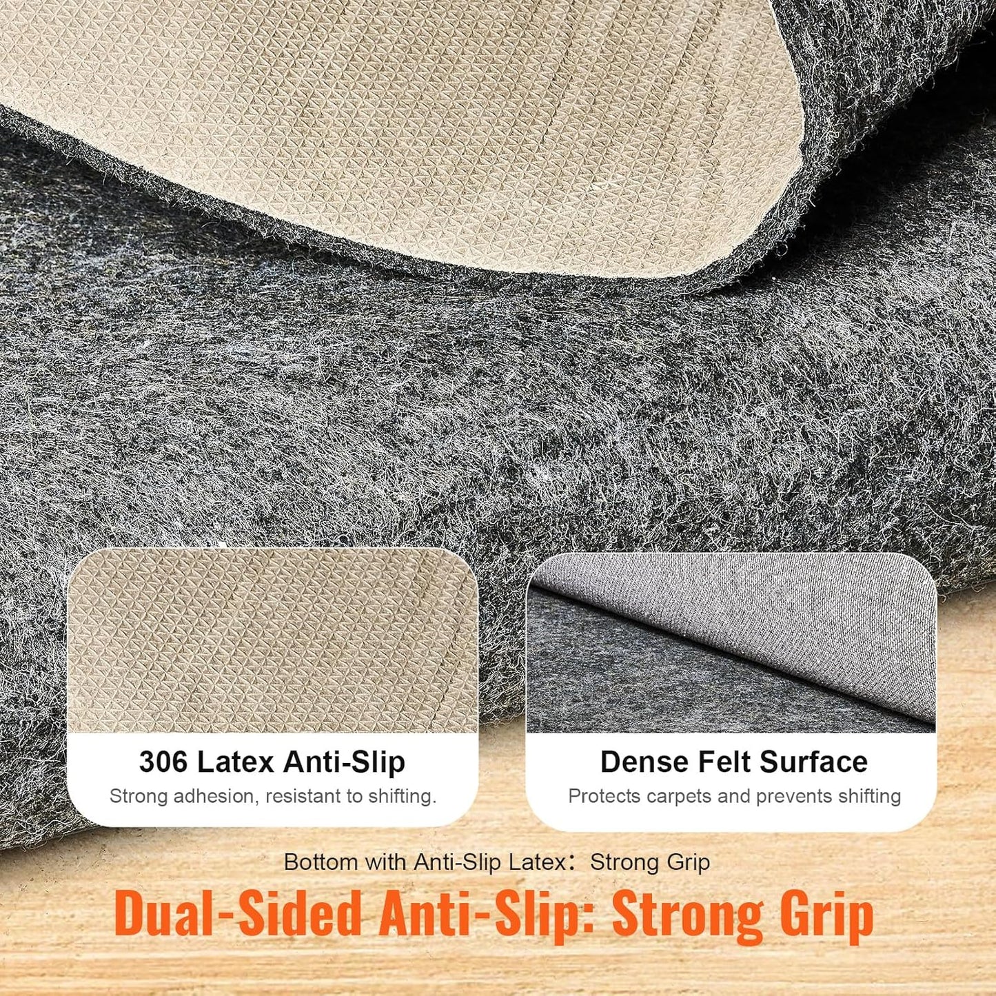VEVOR - Slip-Resistant Rug Pad - Protective Cushioning Carpet Pad - 5' x 8' - 1/4" Thick - Dual Surface - Polyester Felt + Latex - Gray - 3-4㎡ Area Carpet Padding Rug Cushion Safe for All Floors