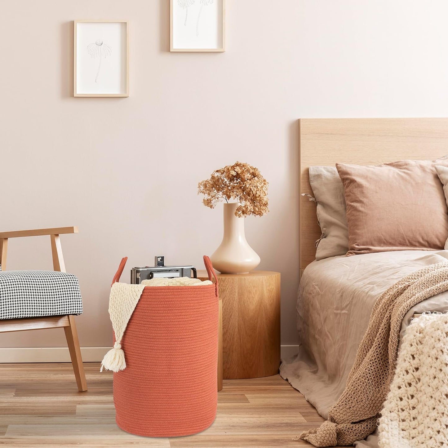 Cotton Rope Laundry Basket Hamper for Clothes Woven Storage Basket for Living Room Bedroom Boho Tall Rope Baskets for Blanket Toys Pillow Towels Baby Nursery Hamper Bin Large rustic