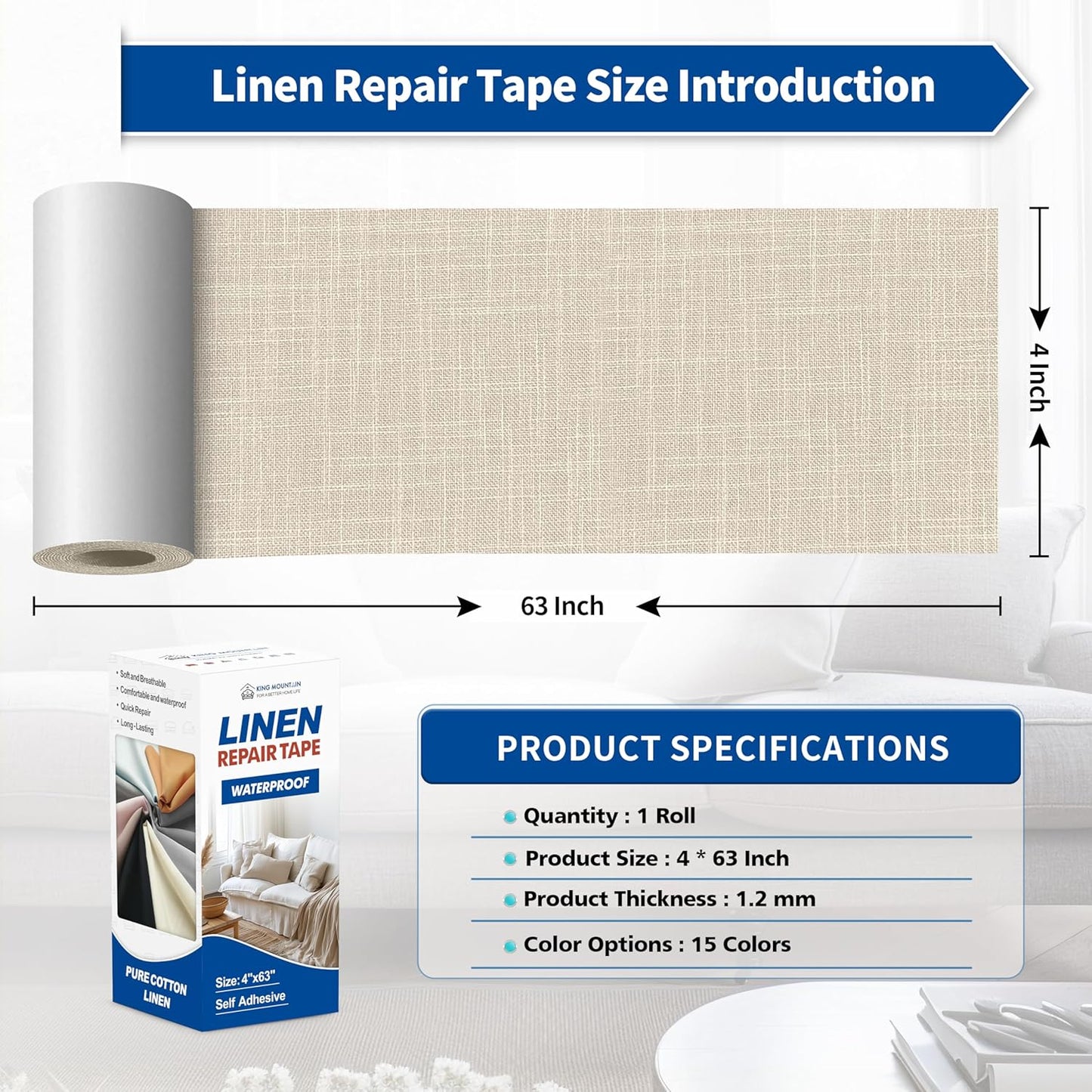 KING MOUNTAIN Linen Repair Patches, Self-Adhesive Linen Fabric Patches, 4 X 63 inch Extra Size, Multi Color, Can be Used for Linen Sofa Repair and Linen Clothes Repair (Cream-Gray2.0)