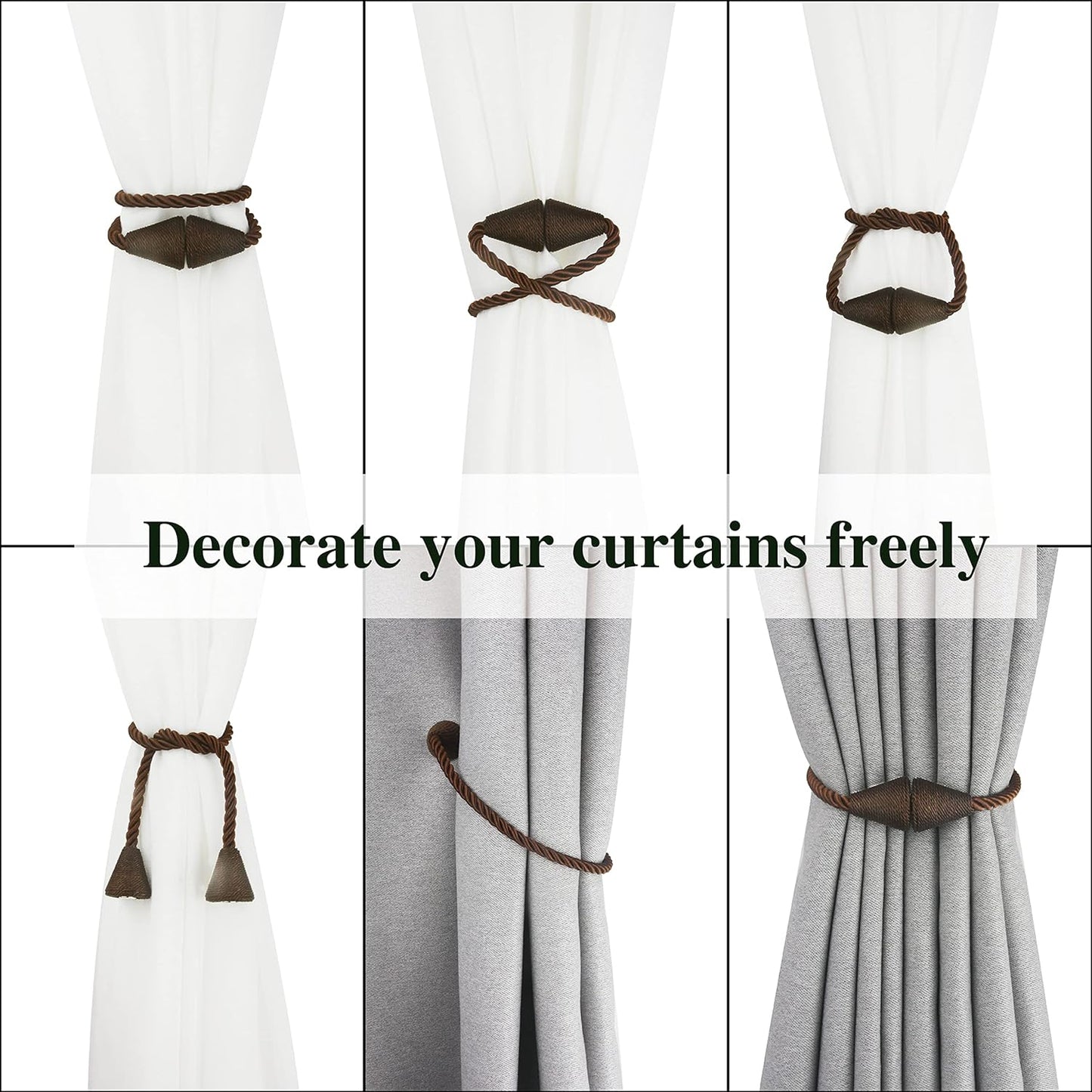 4 Pack Magnetic Curtain Tiebacks Rope Modern Handmade Curtain Tie Backs Decorative Drapes Weave Holdbacks for Window Décor, Coffee