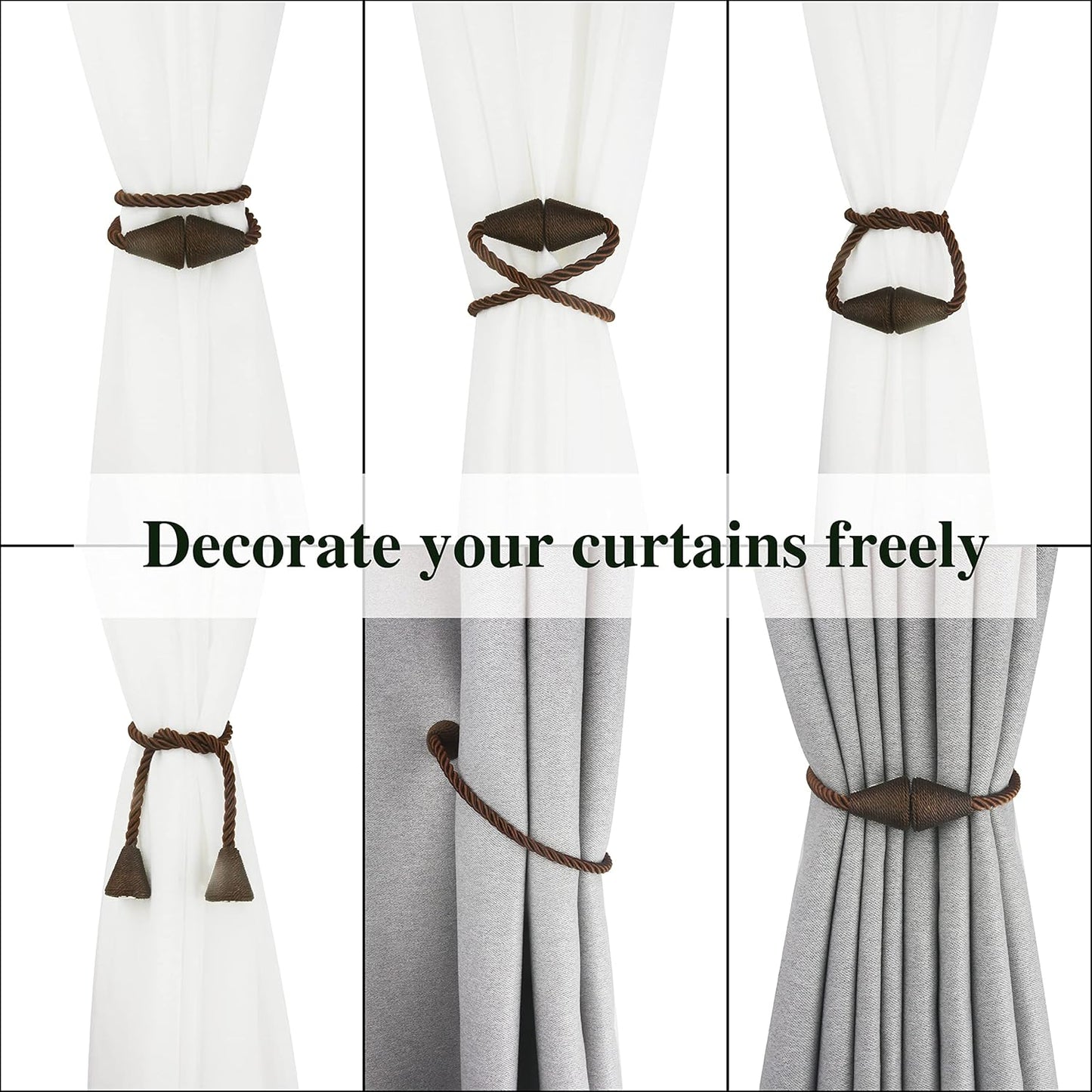 6 Pack Magnetic Curtain Tiebacks Rope Modern Handmade Curtain Tie Backs Decorative Drapes Weave Holdbacks for Window Décor, Coffee
