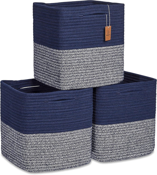NaturalCozy Storage Cubes 11 Inch Cotton Rope Woven Baskets for Organizing, 3-Pack | Cube Storage Bin | Square Storage Baskets for Shelves Organizer, Classroom, Kids Toy Bins, Closet, Baby Nursery