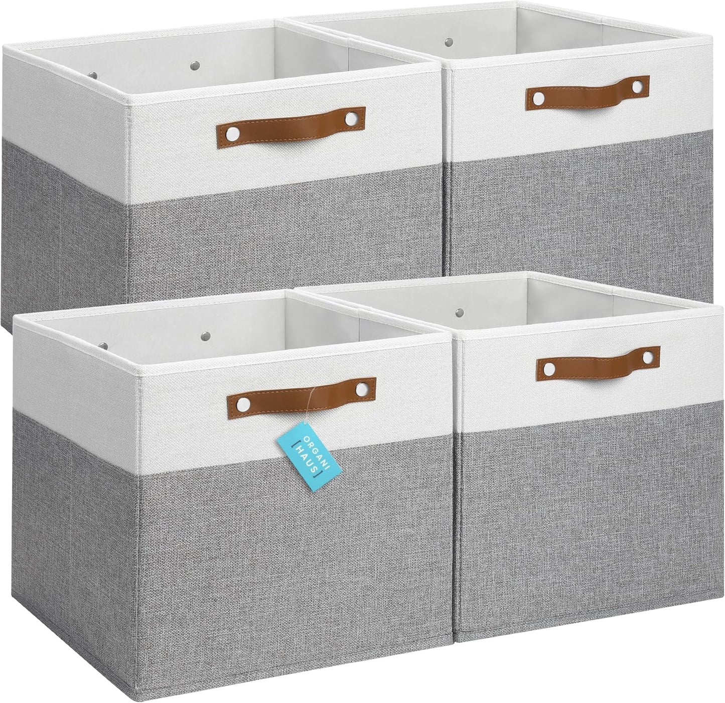 OrganiHaus 13x13 Cube Fabric Storage Bins Set of 4, Fabric Storage Cubes w/ Vegan Handles, 13 inch Collapsible Bins for Clothes & Toys Organizer, Cubbies Organizer, 13x13 Basket for Decor - Grey/White