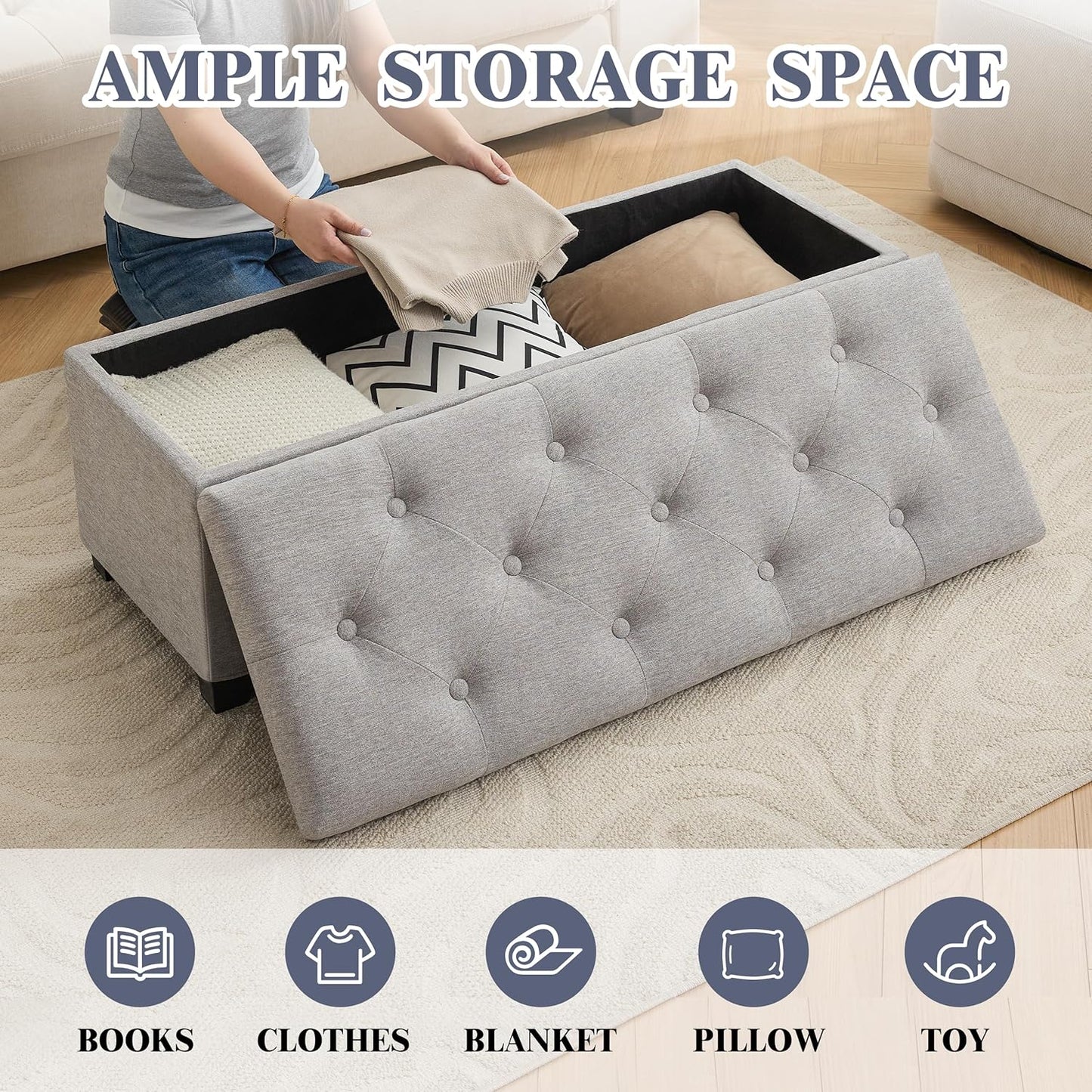 43’’ Storage Ottoman Bench, Linen Entryway Benches Load up to 660 Lb, Modern End of Bed Benches for Bedroom, Ottoman with Storage Bench for Living Room, Light Gray